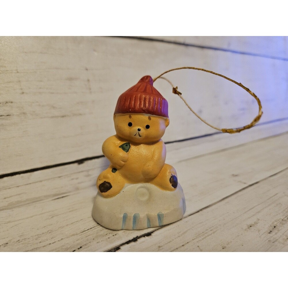 Porcelain Christmas Bear Bell Tree Ornament, Ice Fishing Red Stocking Hat, 2.75"